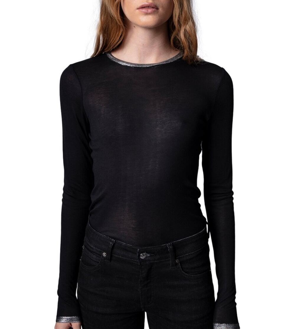 Zadig & Voltaire Willy Foil Top Long Sleeve Thermal in Black and Silver Size M